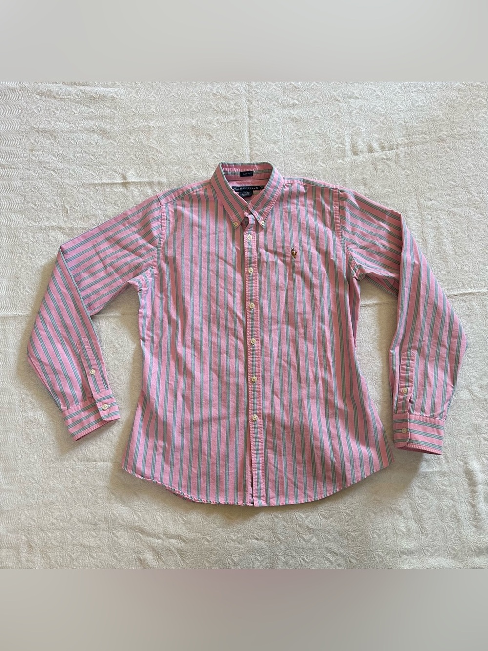 Vintage Ralph Lauren Oxford Button Down Pink Striped Blouse Top 12 Slim Preppy